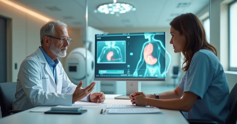 Médico apresenta sistema de cirurgia robótica a paciente em consultório moderno