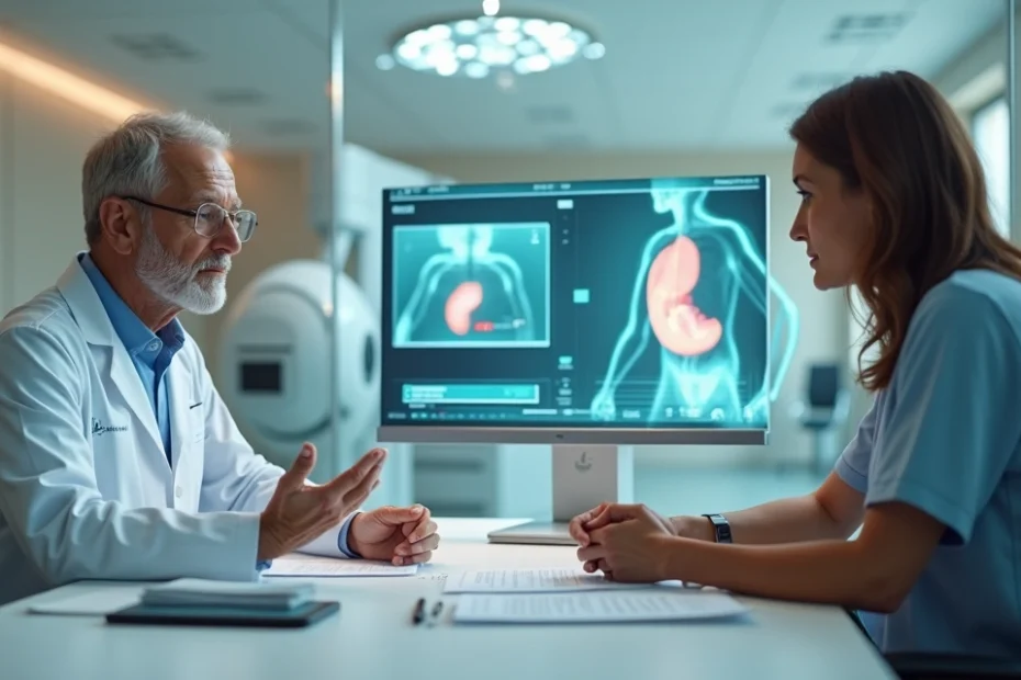 Médico apresenta sistema de cirurgia robótica a paciente em consultório moderno