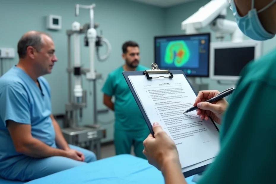 Sala cirúrgica com robô de próstata e médico mostrando contrato de plano de saúde