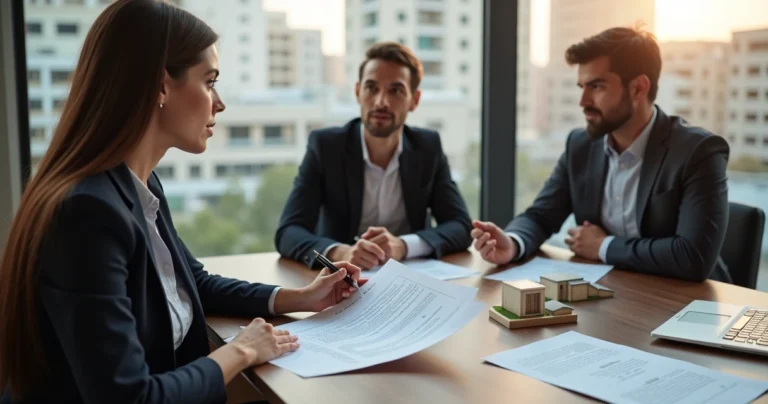 Casal analisa contrato de compra de imóvel com advogada em sala moderna