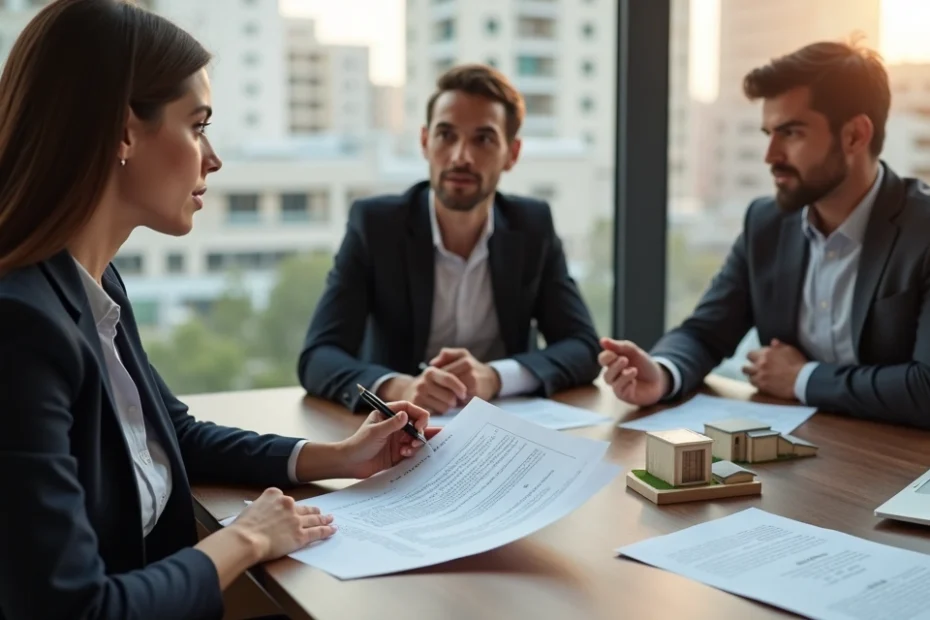 Casal analisa contrato de compra de imóvel com advogada em sala moderna