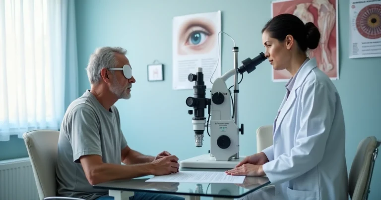 Paciente conversa com oftalmologista enquanto observa documento jurídico sobre cirurgia de catarata