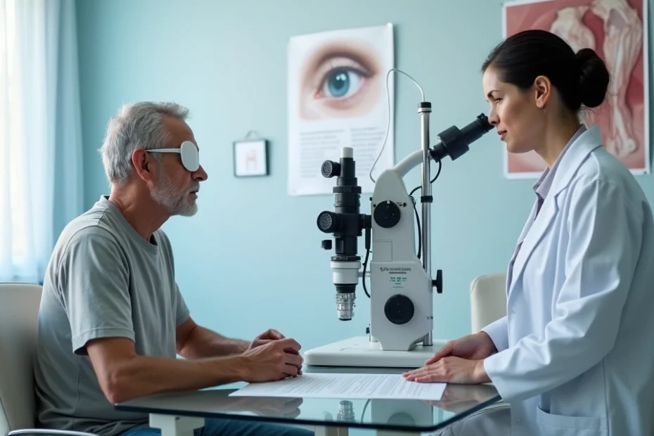 Paciente conversa com oftalmologista enquanto observa documento jurídico sobre cirurgia de catarata