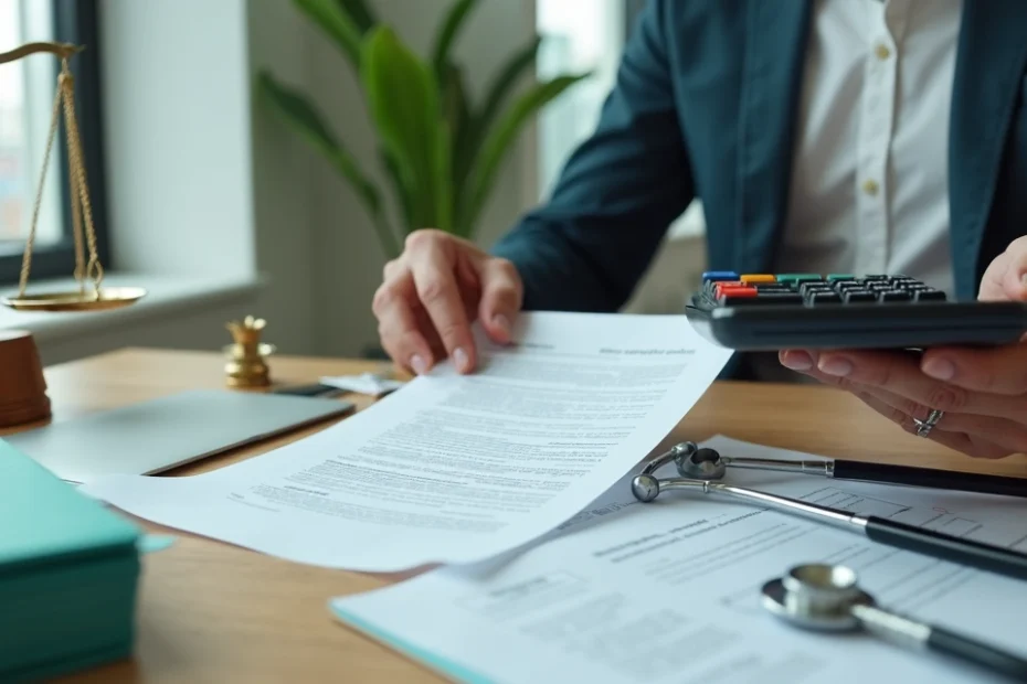 Profissional compara calculadora e contrato de plano de saúde diante de balança de justiça