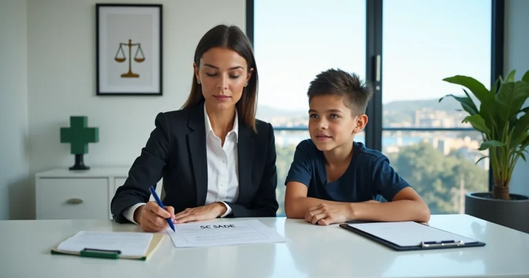 Advogada ao lado de jovem com deficiência analisando documentos de plano de saúde