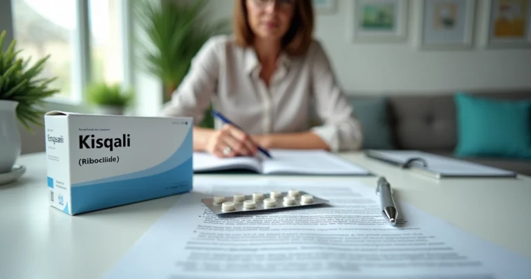 Mulher com caixa de medicamento Kiqsali ao lado de contrato de plano de saúde
