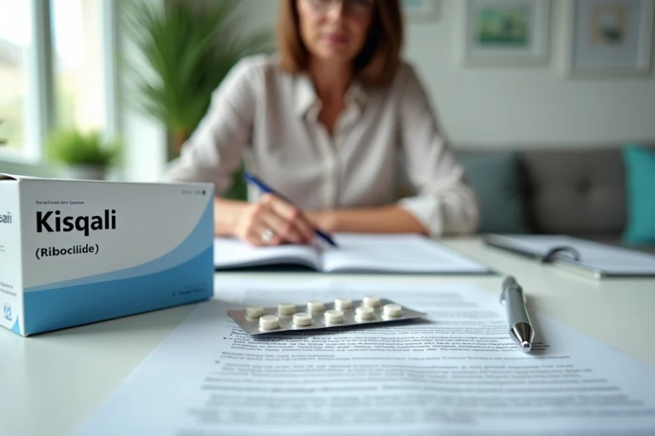 Mulher com caixa de medicamento Kiqsali ao lado de contrato de plano de saúde