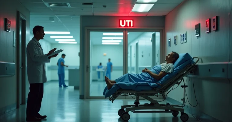 Paciente em maca de hospital diante de porta de UTI fechada com equipe médica preocupada