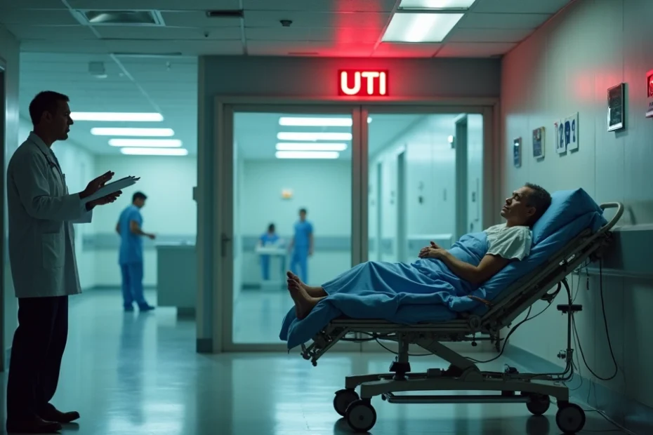 Paciente em maca de hospital diante de porta de UTI fechada com equipe médica preocupada