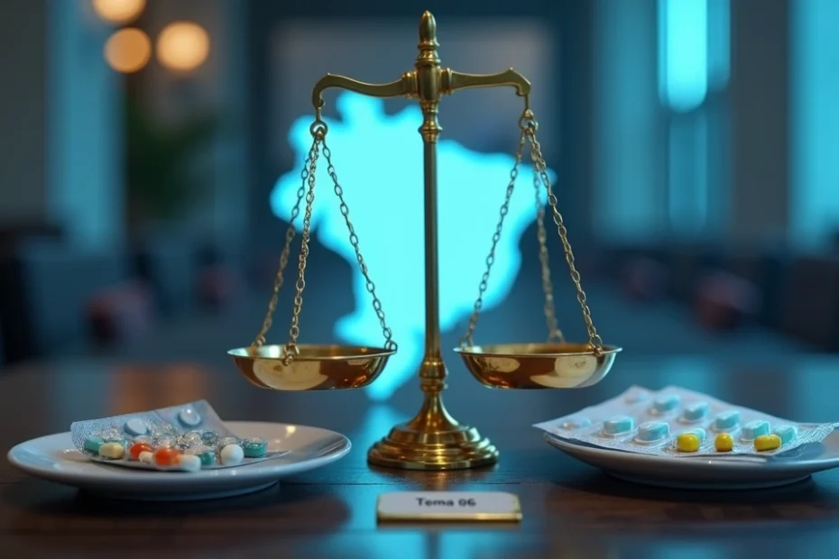 Balança da justiça diante de caixa de medicamentos e mapa do Brasil em fundo azul