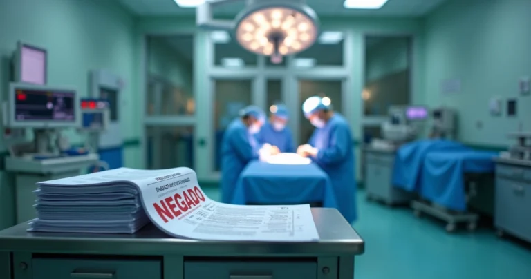 Mesa cirúrgica vazia em centro cirúrgico com documento de plano de saúde destacado em primeiro plano