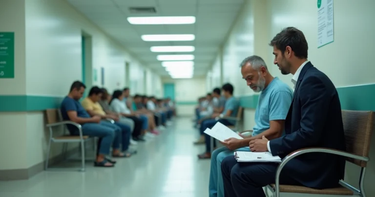 Advogado orienta paciente em corredor de hospital público com fila de espera