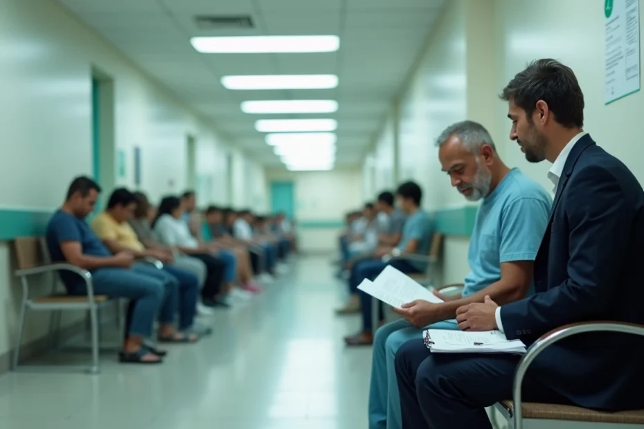 Advogado orienta paciente em corredor de hospital público com fila de espera