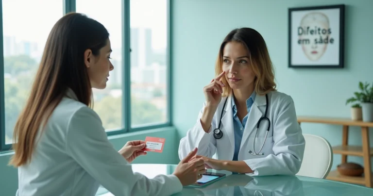 Mulher trans conversa com médica em clínica segurando cartão do plano de saúde