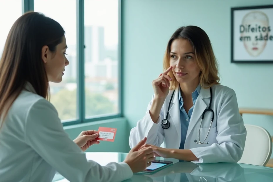 Mulher trans conversa com médica em clínica segurando cartão do plano de saúde