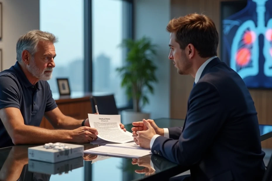 Paciente com câncer de pulmão analisa documento do plano de saúde ao lado de advogado especializado