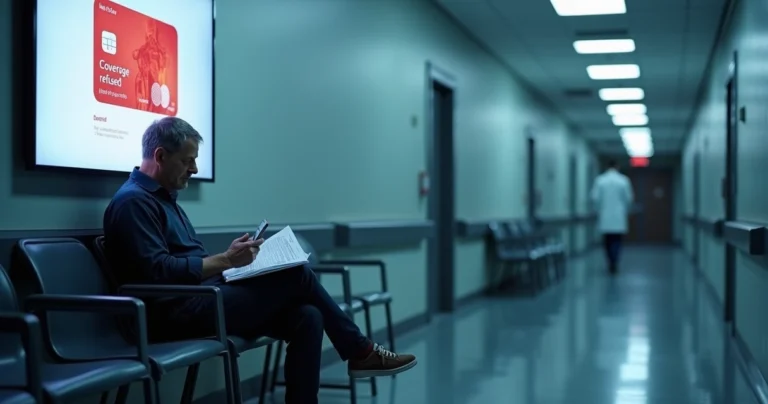 Paciente sentado em corredor de hospital segurando exame com símbolo de negativa do plano de saúde