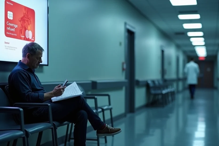 Paciente sentado em corredor de hospital segurando exame com símbolo de negativa do plano de saúde