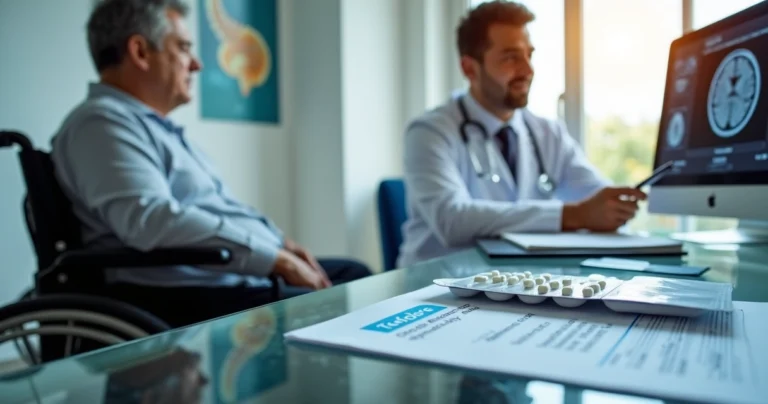 Paciente com esclerose múltipla em consulta com médico avaliando tratamento e plano de saúde