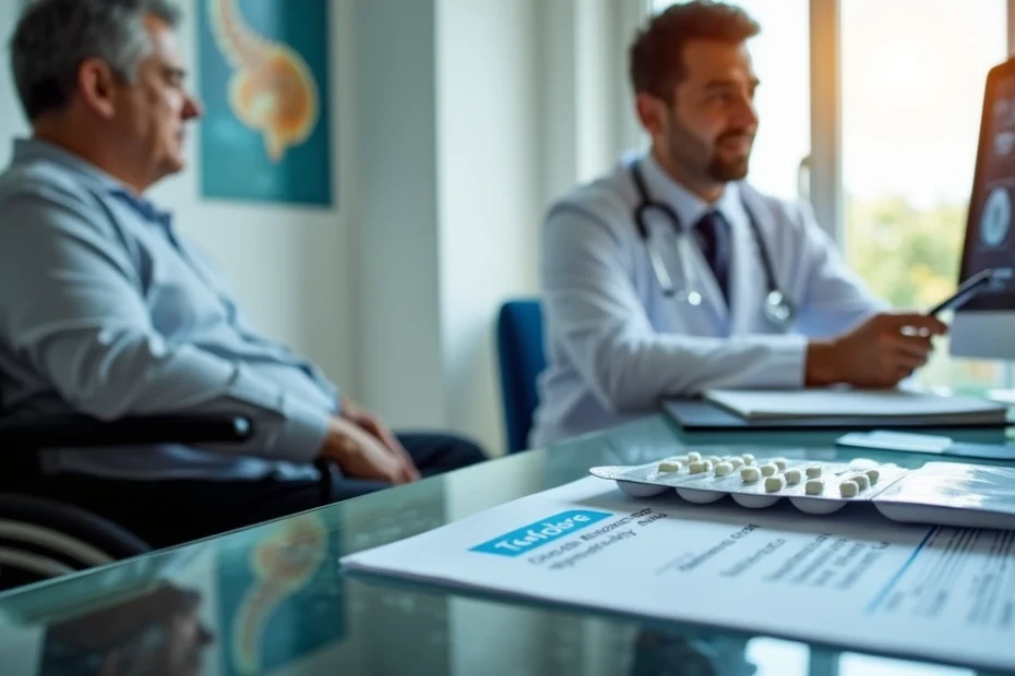 Paciente com esclerose múltipla em consulta com médico avaliando tratamento e plano de saúde