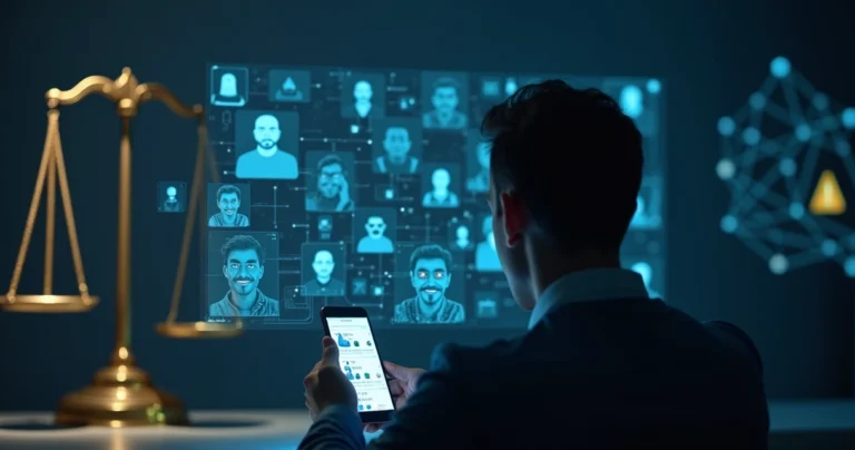 Pessoa olha perplexa para celular com máscaras virtuais em redes sociais e símbolo de justiça ao fundo