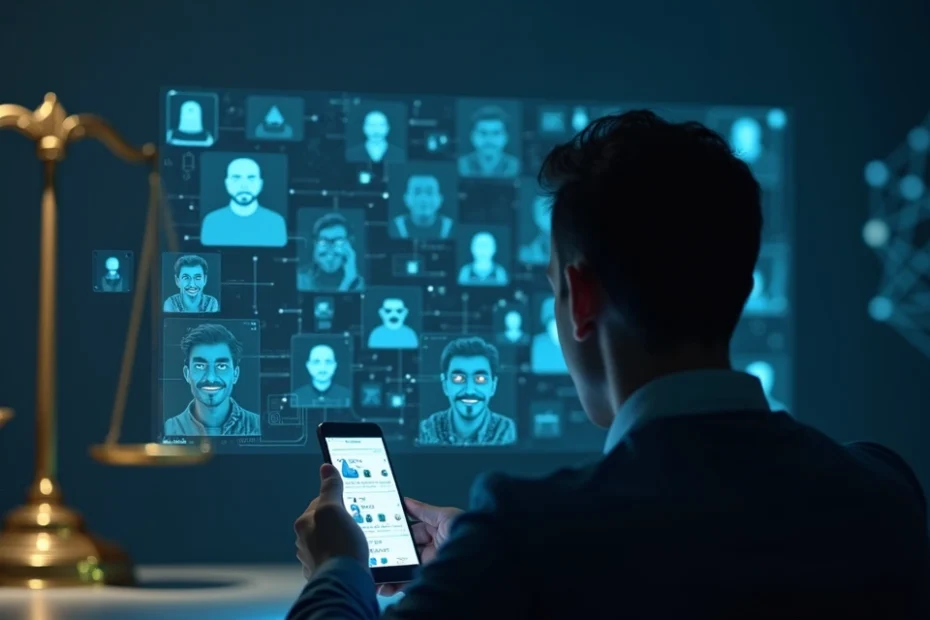 Pessoa olha perplexa para celular com máscaras virtuais em redes sociais e símbolo de justiça ao fundo