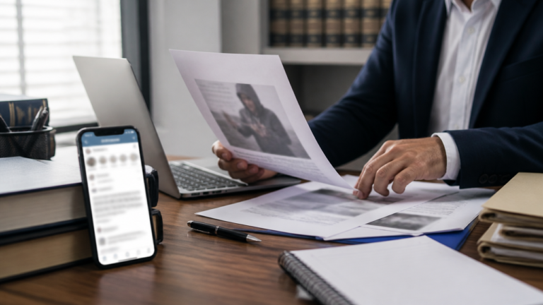 Advogada analisando provas de ofensa em rede social ao lado de celular e documentos