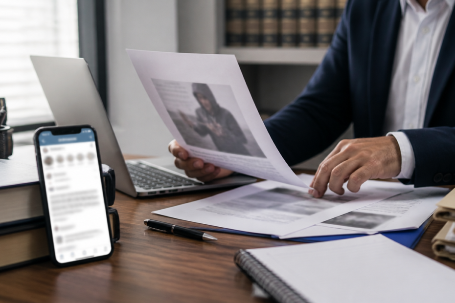 Advogada analisando provas de ofensa em rede social ao lado de celular e documentos