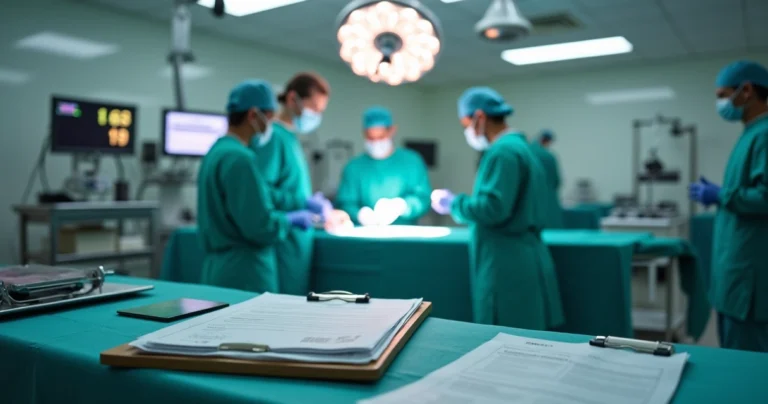 Equipe cirúrgica se prepara para cirurgia de urgência em hospital moderno