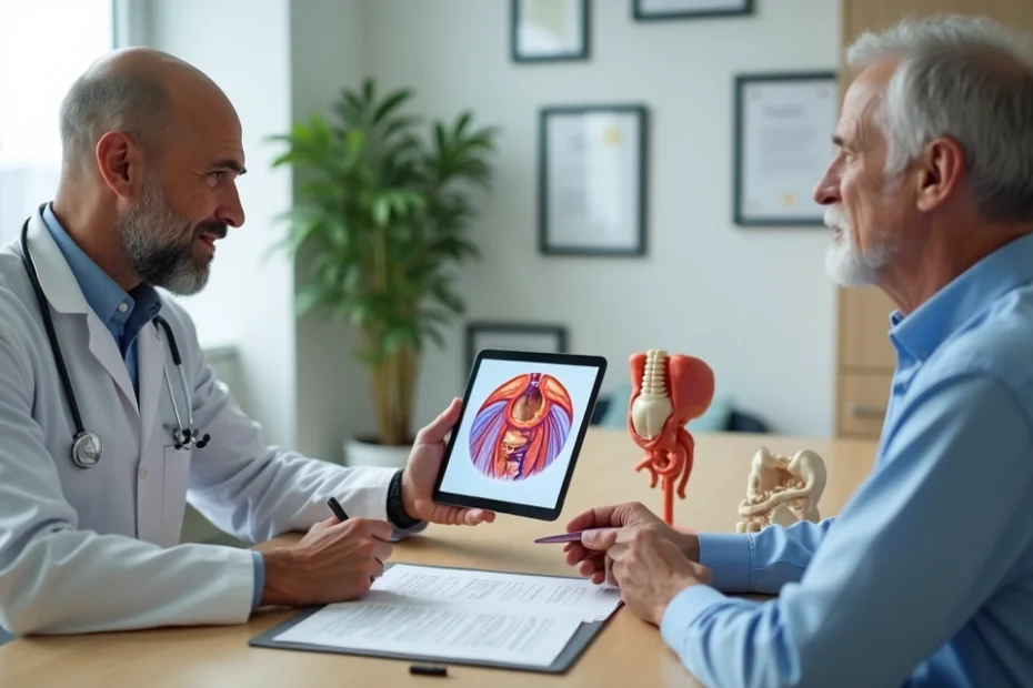 Médico mostra em tablet representação da próstata enquanto paciente avalia contrato de plano de saúde