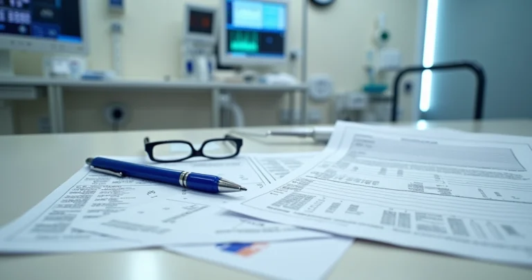 Mesa de pronto-socorro com formulário de plano de saúde e laudos médicos organizados