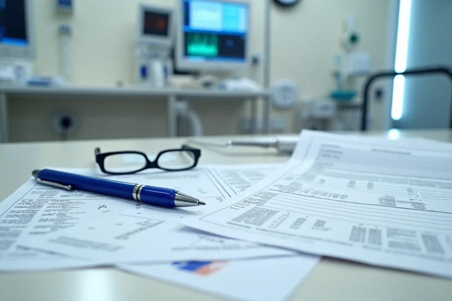 Mesa de pronto-socorro com formulário de plano de saúde e laudos médicos organizados