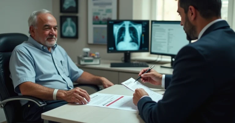 Idoso em consultório de oncologia conversa com advogado ao lado de documentos do plano de saúde