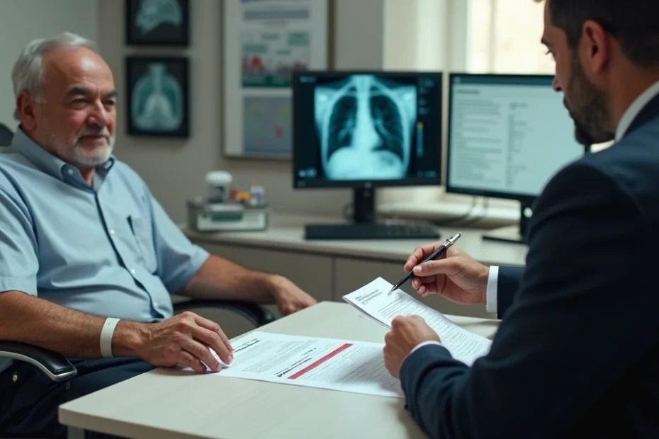 Idoso em consultório de oncologia conversa com advogado ao lado de documentos do plano de saúde