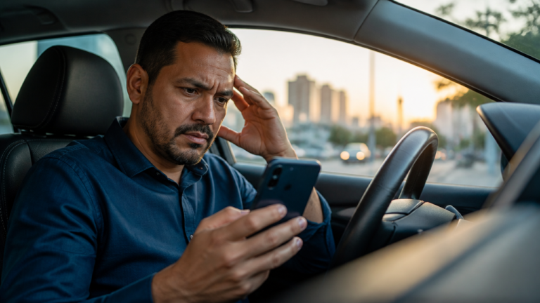 Motorista de aplicativo preocupado olhando o celular após bloqueio de conta no carro