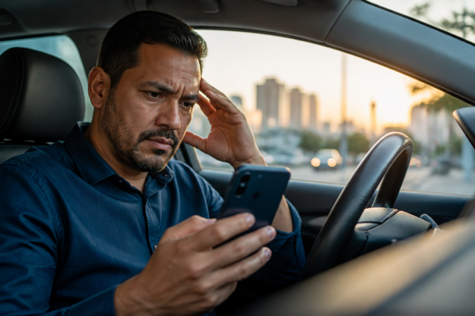 Motorista de aplicativo preocupado olhando o celular após bloqueio de conta no carro