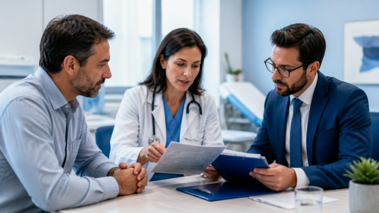Paciente analisando documentos médicos e do plano de saúde com orientação profissional sobre cirurgia bariátrica