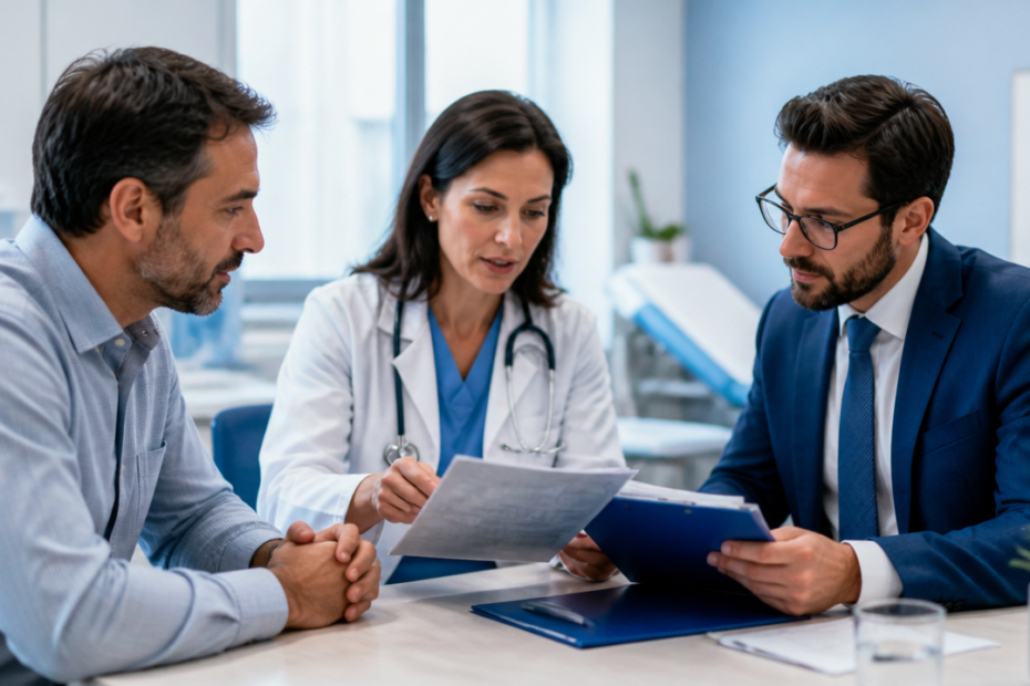 Paciente analisando documentos médicos e do plano de saúde com orientação profissional sobre cirurgia bariátrica