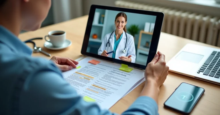 Paciente conversa com médica por teleconsulta enquanto examina contrato de plano de saúde