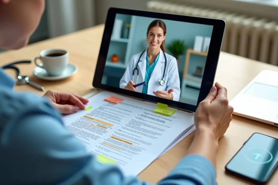 Paciente conversa com médica por teleconsulta enquanto examina contrato de plano de saúde