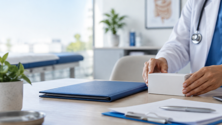 Documentos clínicos e embalagem farmacêutica neutra sobre uma mesa em consultório