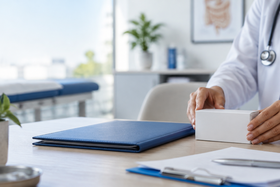 Documentos clínicos e embalagem farmacêutica neutra sobre uma mesa em consultório