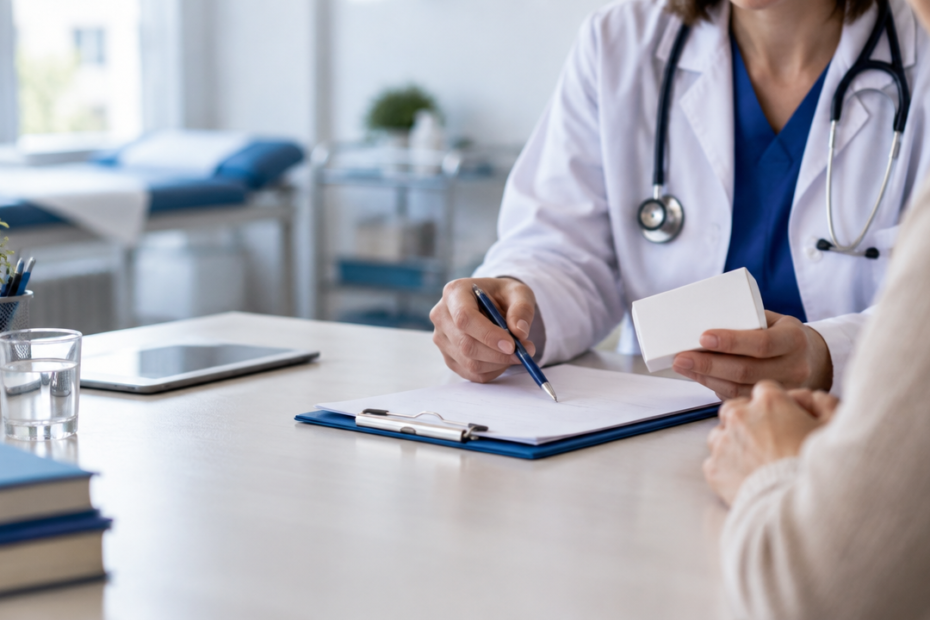Médica e paciente analisam uma prescrição de medicamento em consultório