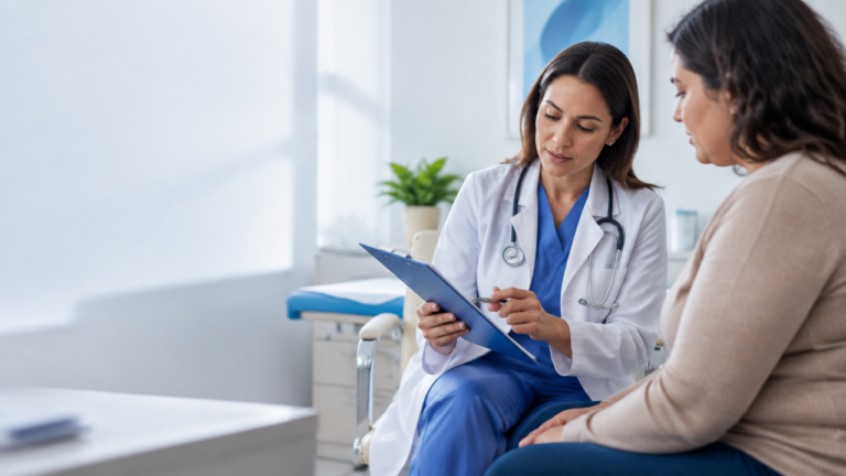 Paciente conversa com médica sobre indicação de cirurgia reparadora após grande perda de peso