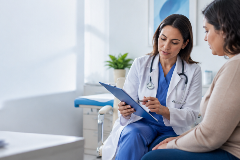 Paciente conversa com médica sobre indicação de cirurgia reparadora após grande perda de peso
