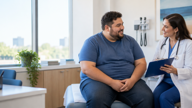 Paciente conversa com médica sobre tratamento especializado da obesidade em consultório