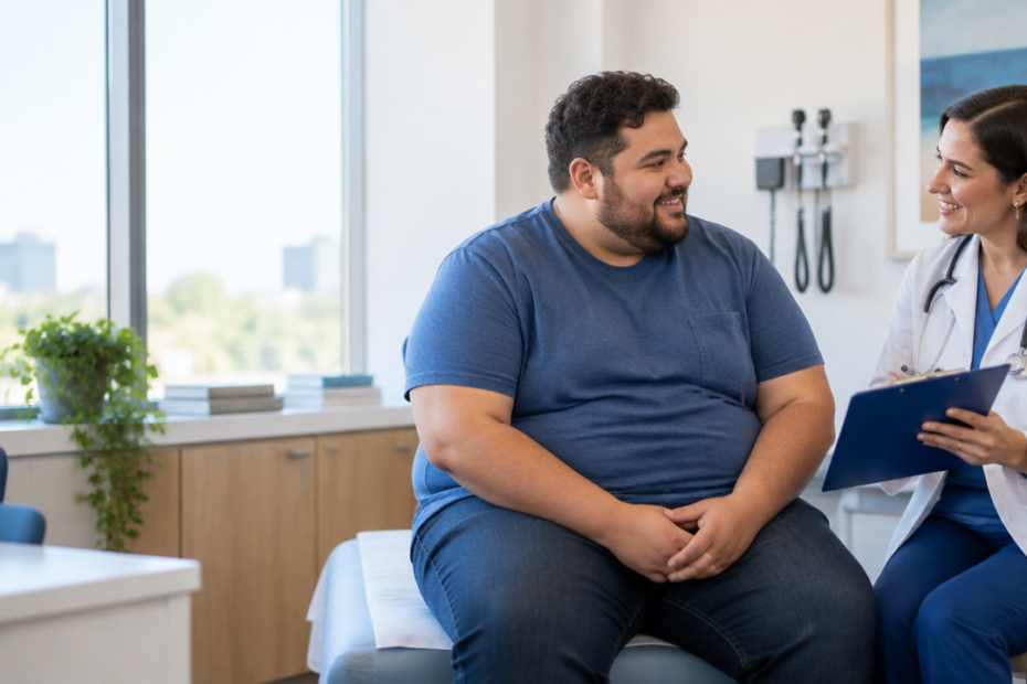 Paciente conversa com médica sobre tratamento especializado da obesidade em consultório