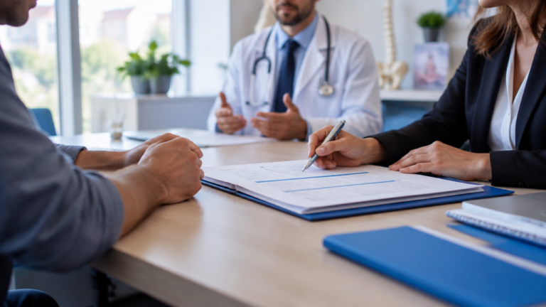 Paciente e advogada analisam prescrição e documentos médicos para preparar pedidos específicos em ação de saúde