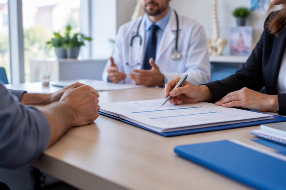 Paciente e advogada analisam prescrição e documentos médicos para preparar pedidos específicos em ação de saúde